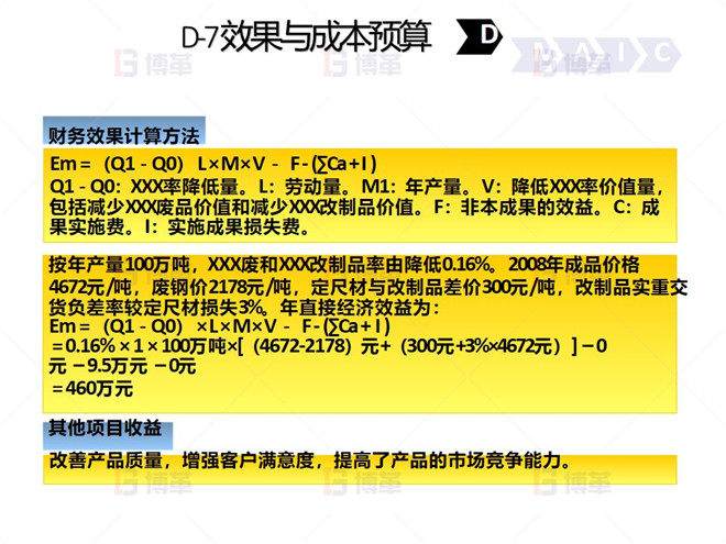 D-7 效果與成本預(yù)算 鋼鐵行業(yè)降低廢品率六西格瑪案例 D-7 效果與成本預(yù)算